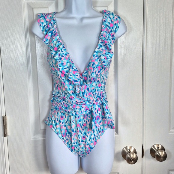 Lilly Pulitzer Delphie one-piece blue pink leopard spot print swimsuit womens 2 - Picture 4 of 13